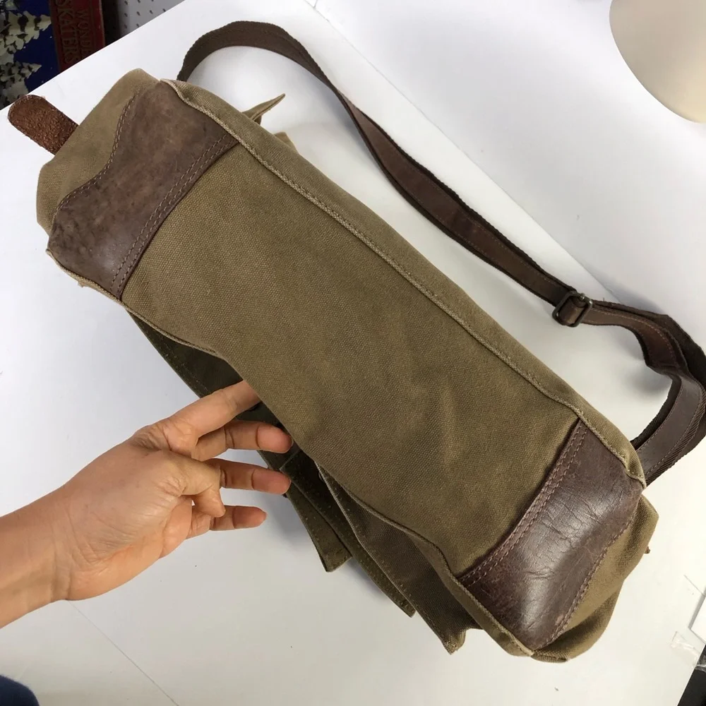 Rustic Town Men Brown Military Leather Canvas Messenger Bag L Shoulder Crossbody